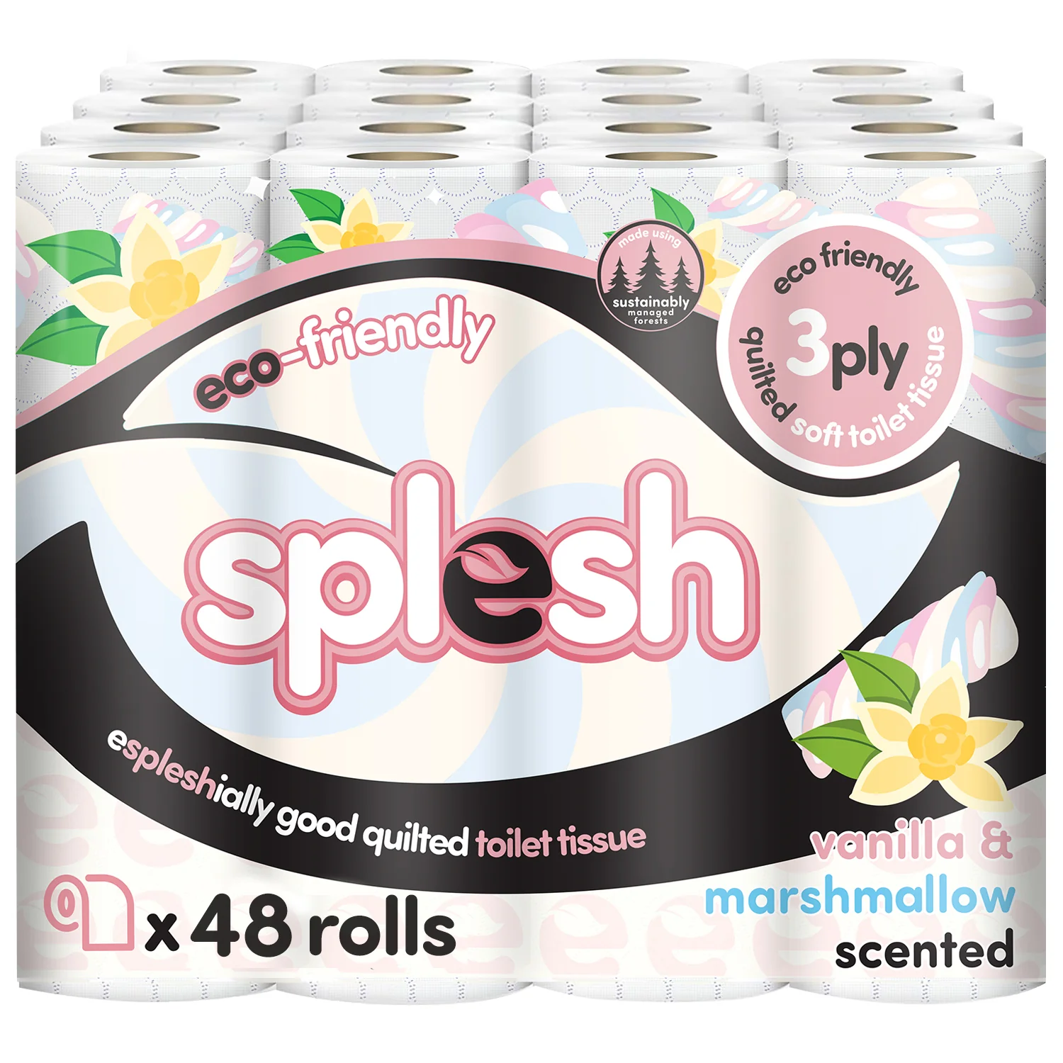 Splesh Quilted Toilet Roll Luxury Vanilla &amp; Marshmallow 3-Ply, 60 Rolls